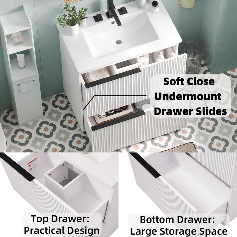 Bathroom Vanity with Ceramic Sink, Freestanding Wooden Bathroom Vanity, Bathroom Cabinet with Full-Extension Drawers
