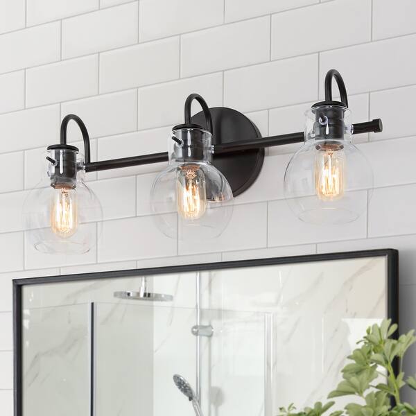 slide 1 of 29, Olia Modern 3-Light Black Bathroom Vanity Lights Globe Glass Wall Sconces