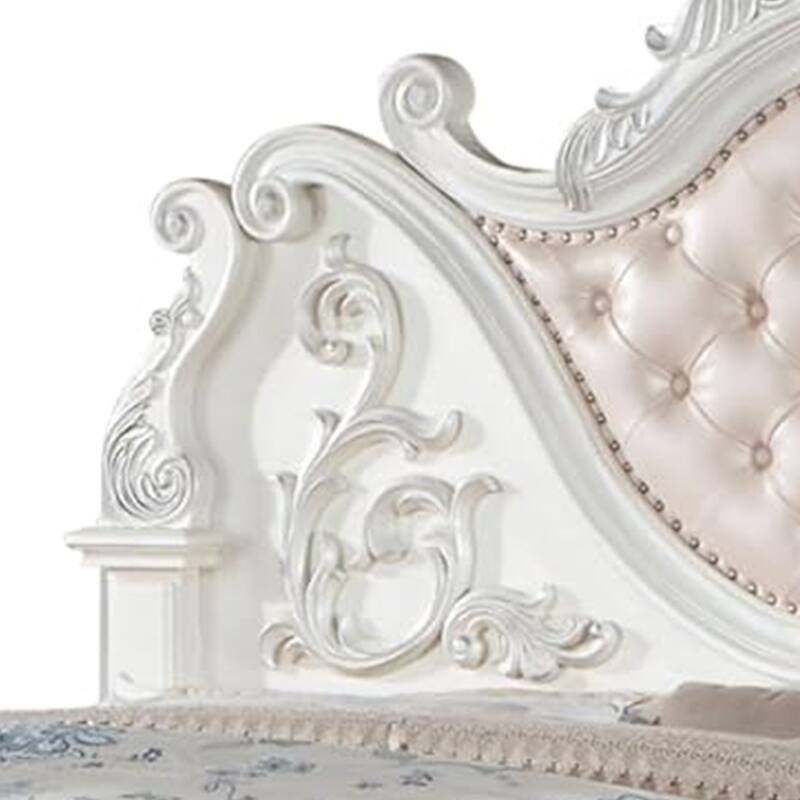Prio King Bed with Carved Details, White Button Tufted Faux Leather