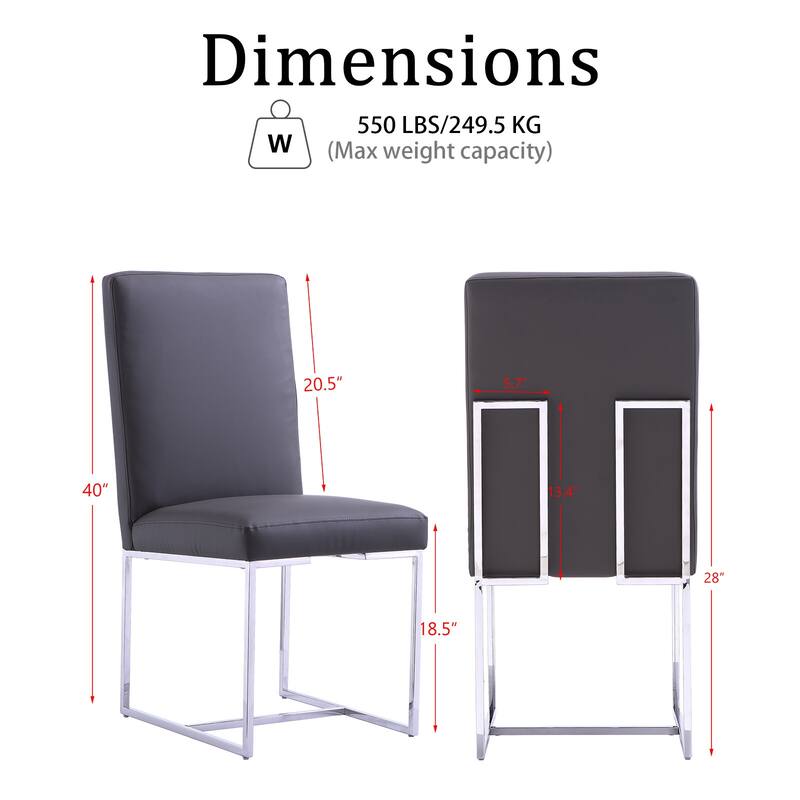 Grey Leather Upholstered Dining Chairs with Silver Stainless Steel Legs Set of 2