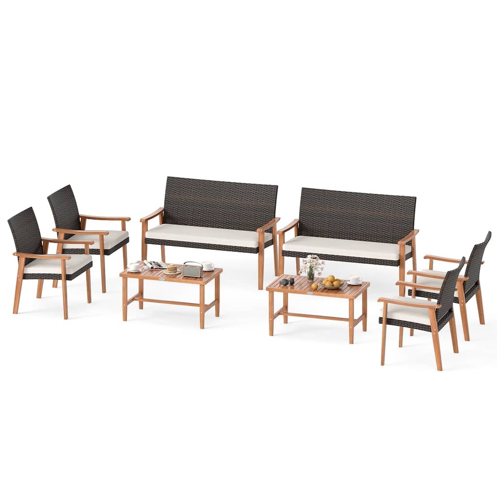Gymax Set of 8 Patio Furniture Set w/Acacia Wood Coffee Table & Soft