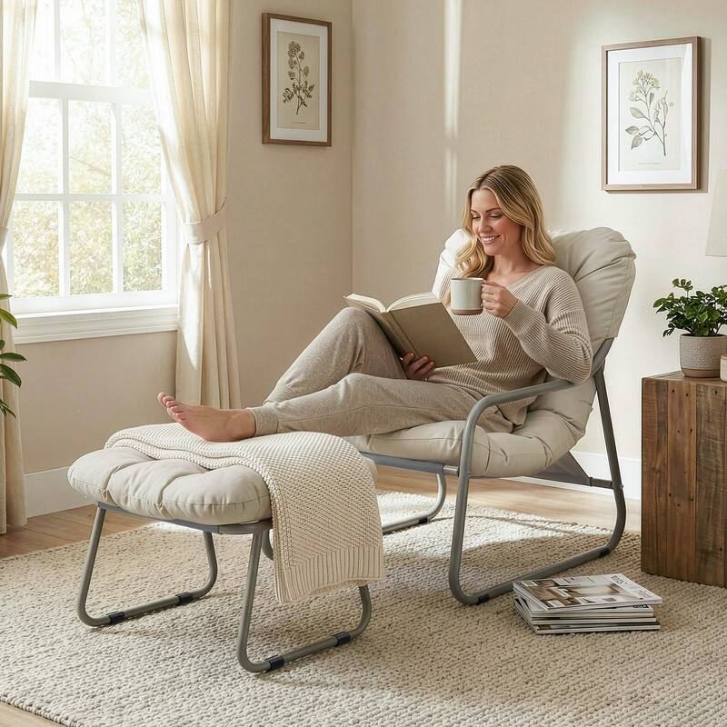 Modern Indoor/Outdoor Lounge Chair and Ottoman with Thick Cushion for Living Room