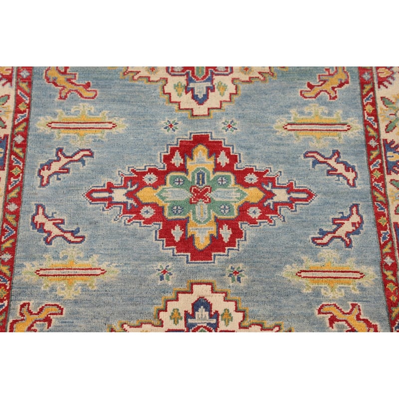 Light Blue Geometric Kazak Accent Rug Handmade Wool Carpet - 3'4" x 4'9"