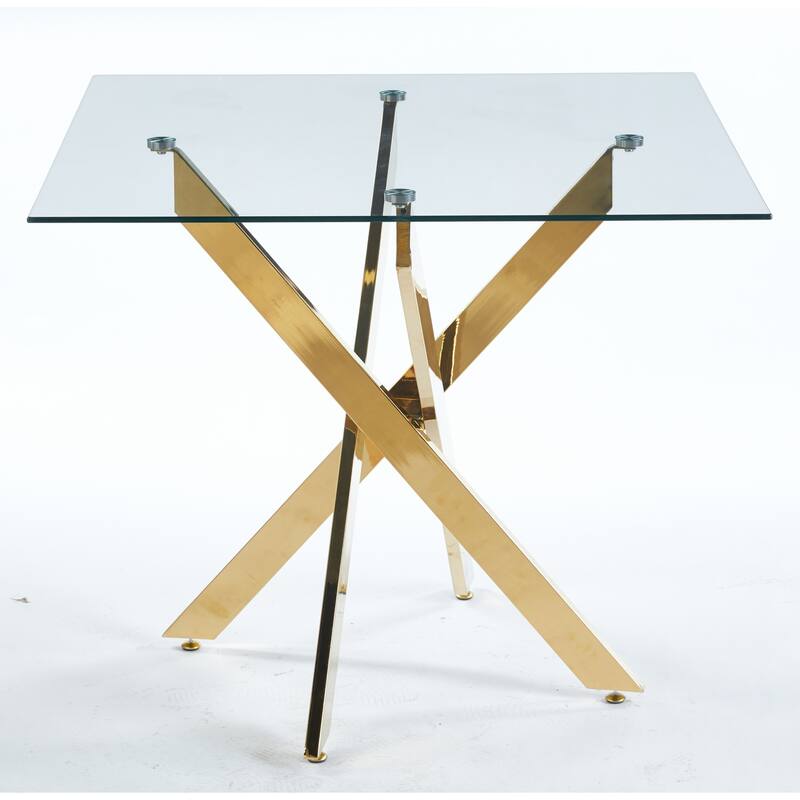 Modern Square Dining Table with Tempered Glass Top & Cross Metal Legs, Space-Saving for Kitchen and Living Room