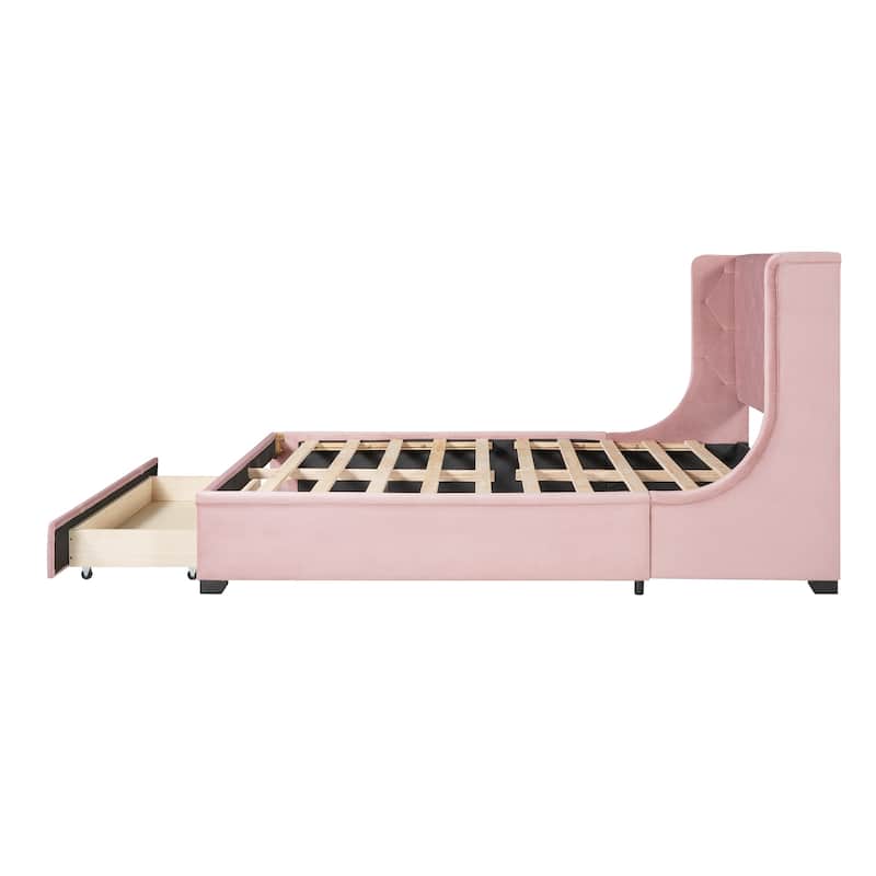 Queen Size Storage Bed Velvet Upholstered Platform Bed with Wingback Headboard and Large Drawer