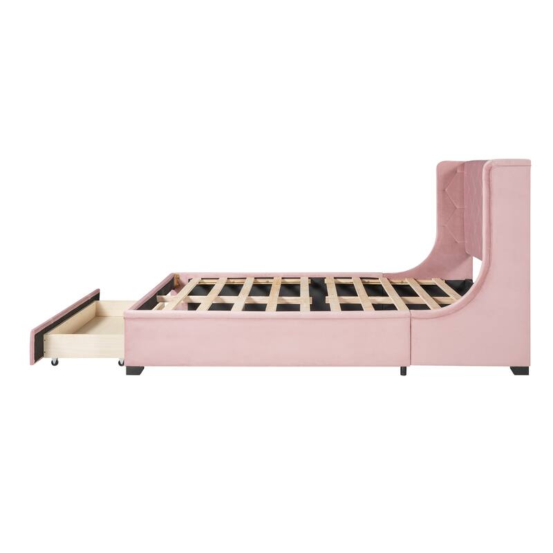 Storage Bed Velvet Upholstered Platform Bed with Wingback Headboard and a Big Drawer