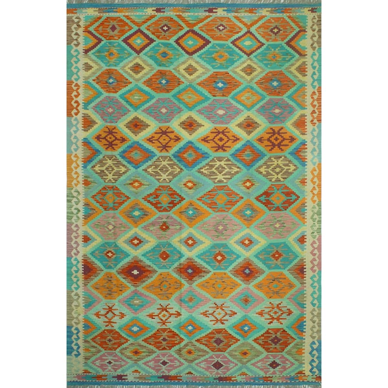 Sangat Flatweave Minoo Turquoise/Orange Rug - 6'3" x 9'7"