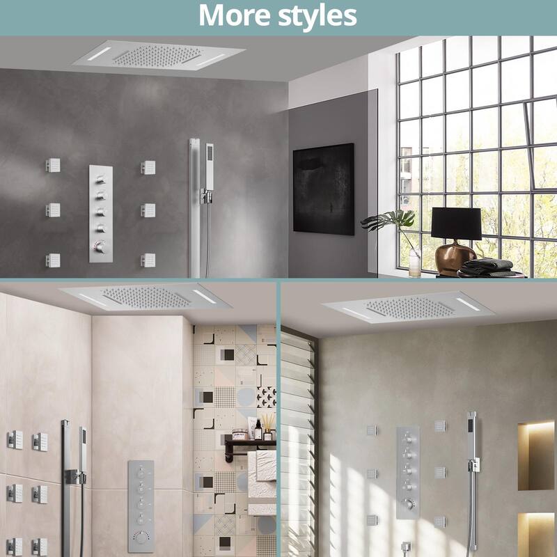 64 LED Thermostatic Shower Faucet 22"x15" Rainfall & Waterfall Shower System 5 Way Digital Display Valve w/ 6 Body Jets