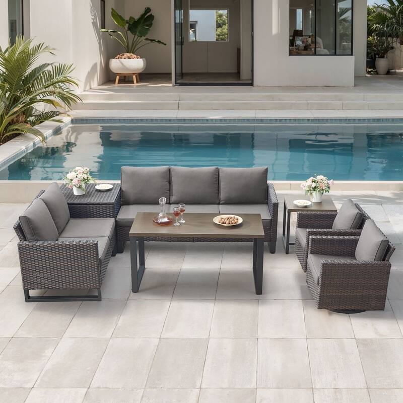 Gymojoy 5 Person All-Weather Wicker Outdoor Conversation Set Seating Group With Swivel Chairs And Coffee Table - Brown Wicker / Gray Cusion - 7-Piece