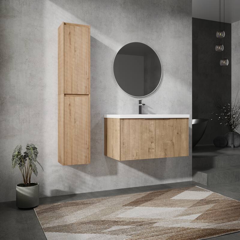 24" Floating Bathroom Vanity with Resin Sink, Side Cabinets, Soft-Close Doors, and Luxury Metal Handles