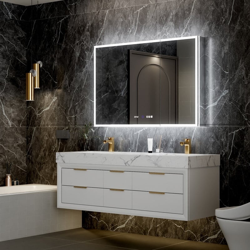 MEDUNJESS Triple Opening Frameless Demist Bathroom Mirror Cabinet - 48x32T