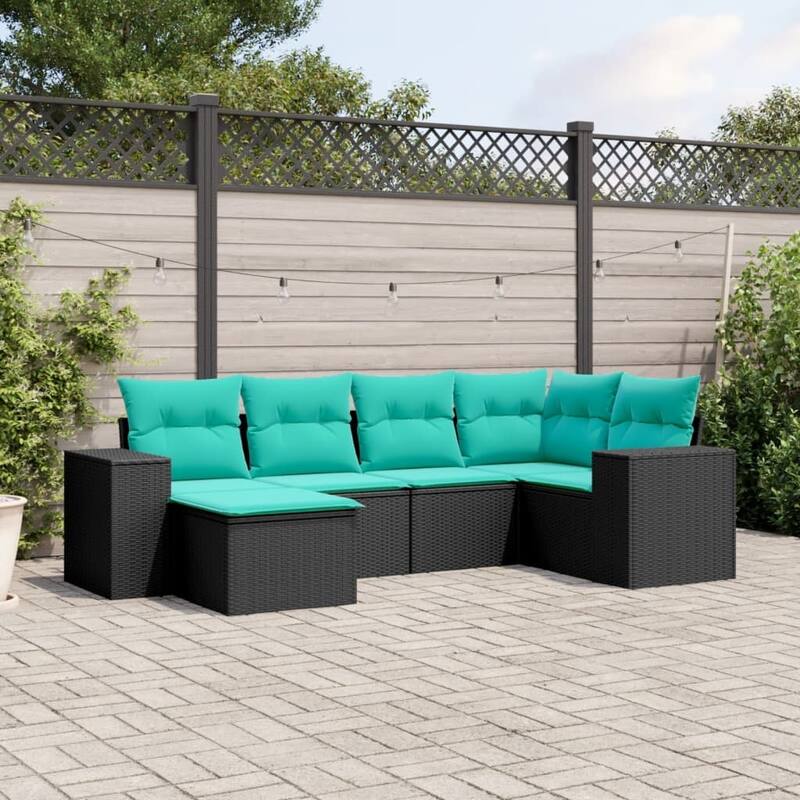 vidaXL 6 Piece Patio Sofa Set with Cushions Black Poly Rattan - 24.4 x 24.4 x 27.2-With table