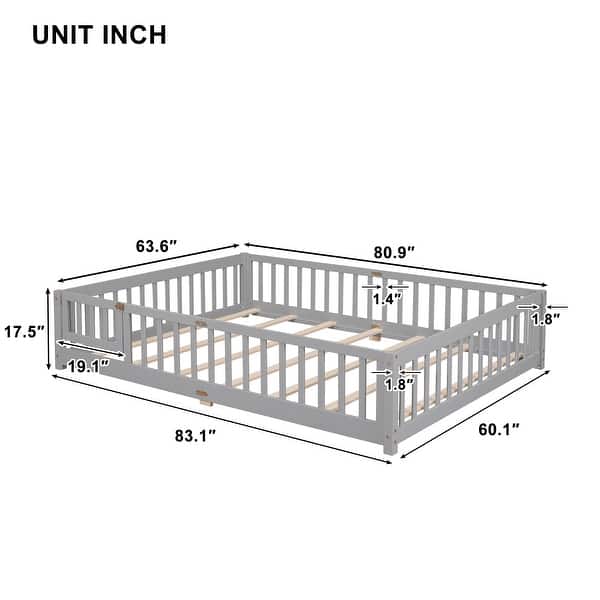 dimension image slide 0 of 4, Queen size Floor Platform Bed with Fence Guardrails and Door