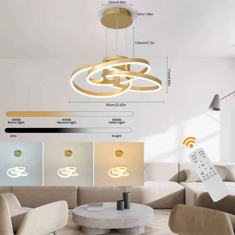 Modern Dimmable Pendant Light Gold Wave LED Chandelier Lamp - 23" x 53"