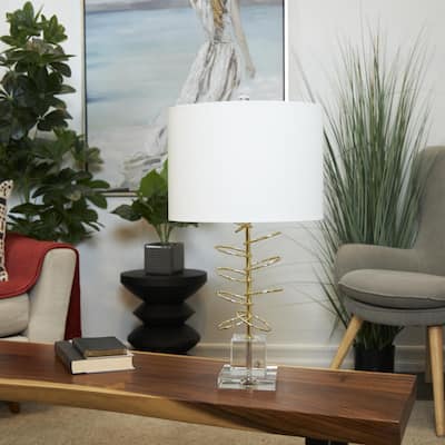 Gold Metal Overlapping Ring Abstract Room Accent Lamp with Elevated Square Glass Base