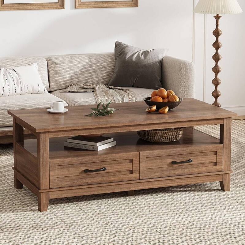 Farmhouse Coffee Table with Drawers and Open Shelf - N/A - Brown