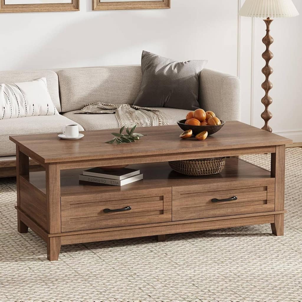 Farmhouse Coffee Table with Drawers and Open Shelf