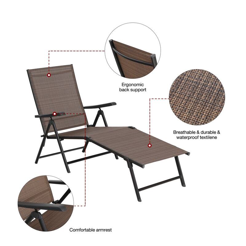 PHI VILLA 2 Piece 5 Stages Adjustable Folding Lounge Deck Chair,Outdoor