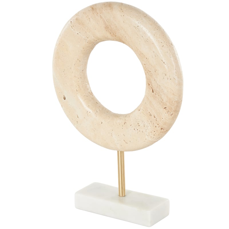 Cream Marble Textured Ring Geometric Decorative Sculpture with White Base and Gold Stand - Cream