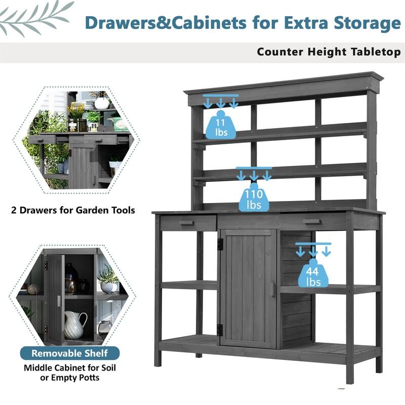 Large Outdoor Farmhouse Wooden Potting Bench Table, Garden Workstation with 2 Drawers, Cabinet and Open Shelves for Backyard