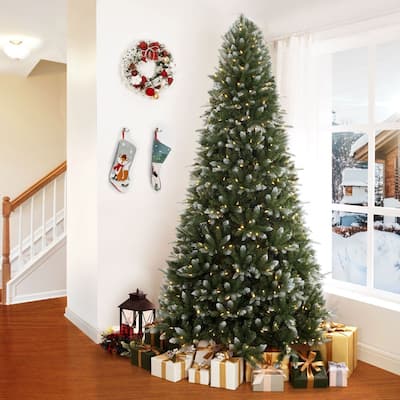 PE & PVC White-Tip Pre-Lit Christmas Tree with Warm Lights , Natural Look with Fluffy Branches