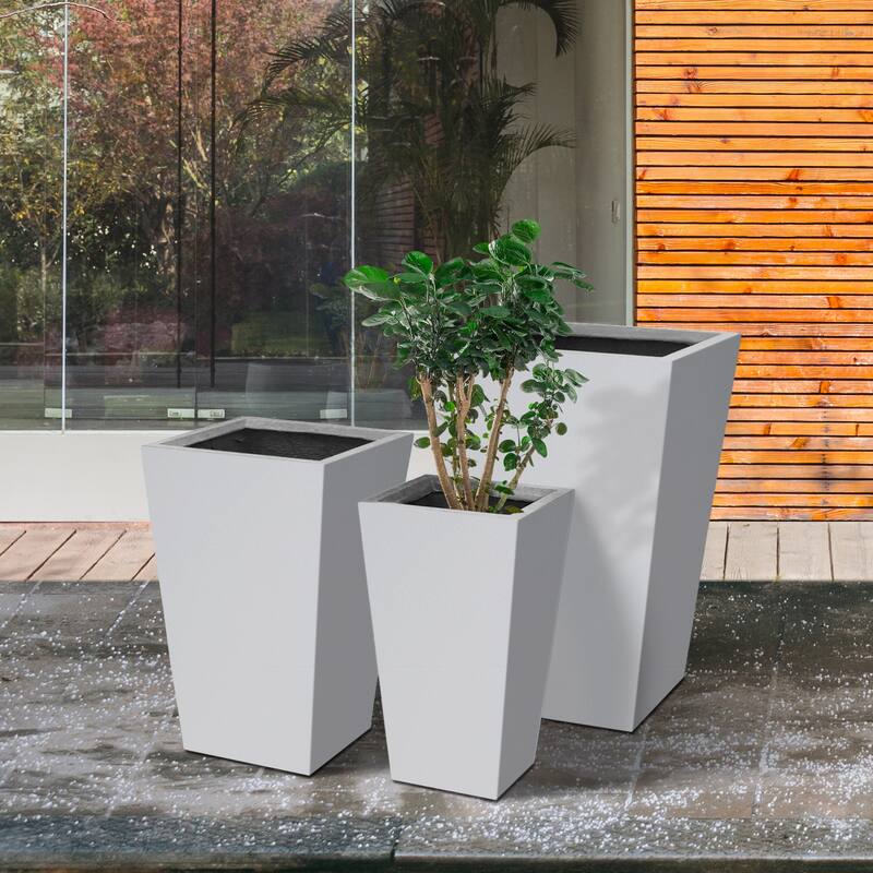 Kante 24", 18", 15.7" Tall Tapered Pure White Concrete Metal Planters (Set of 3), w/ Drainage Hole, Modern Style for Home/Garden