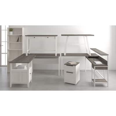 Dorrinson Casual L-Desk with Storage, Antique White/Brown