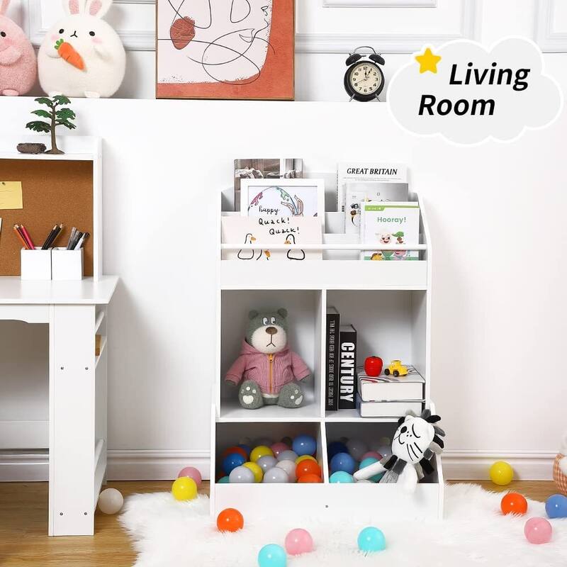 Kids Toy Storage Organizer - Wooden Book Shelf for Toddlers