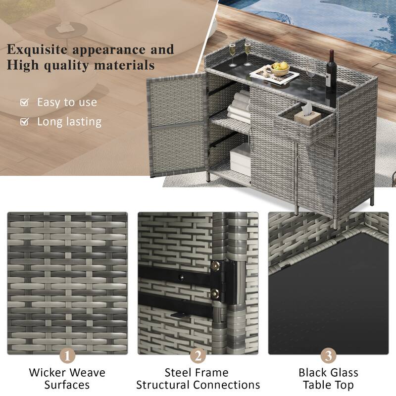 Wicker Storage Cabinet w/Tempered Glass Desktop, Weather-proof Rattan Bar Table, Kitchen Island w/Three Doors, Adjustable Shelf