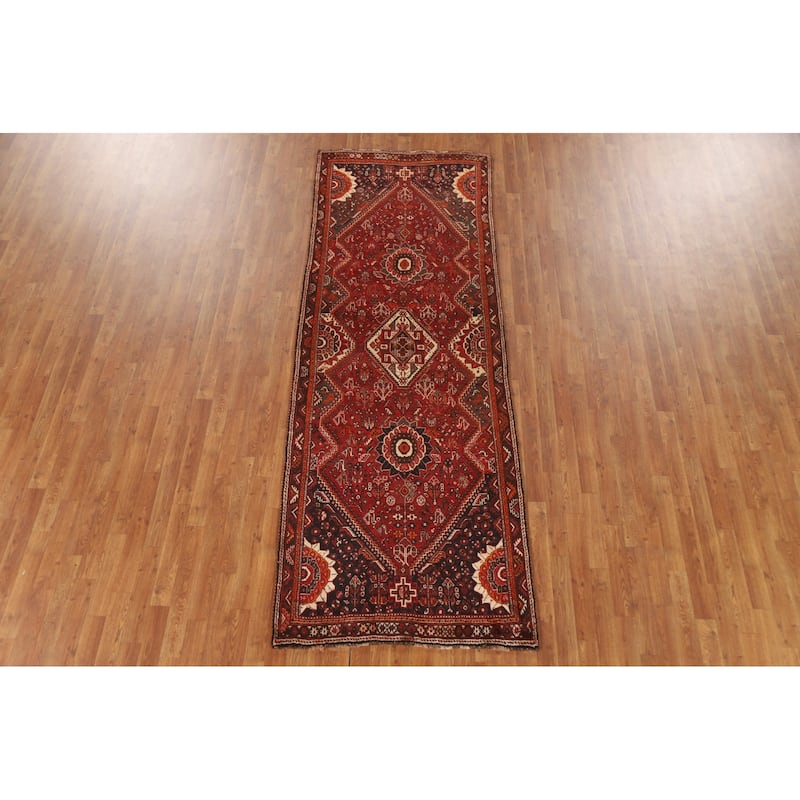 Tribal Red Qashqai Persian Vintage Runner Rug Hand-knotted Wool Carpet - 3'7"x 9'9"