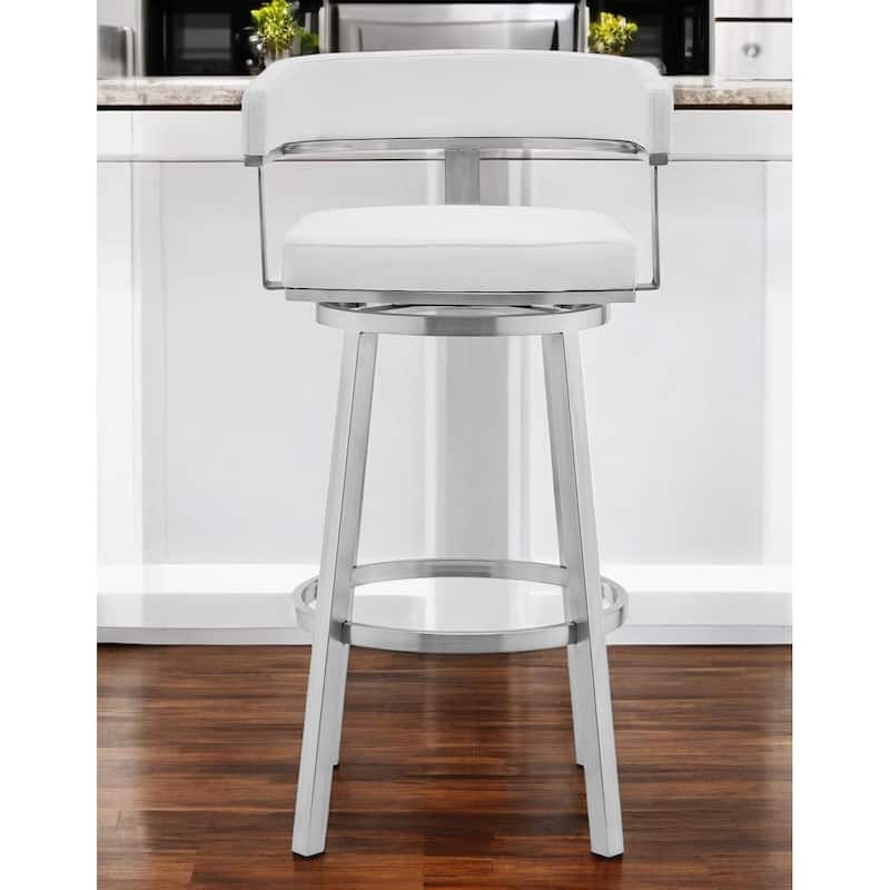 26" White And Silver Faux Leather And Stainless Steel Low Back Counter Height Swivel Bar Chair - White