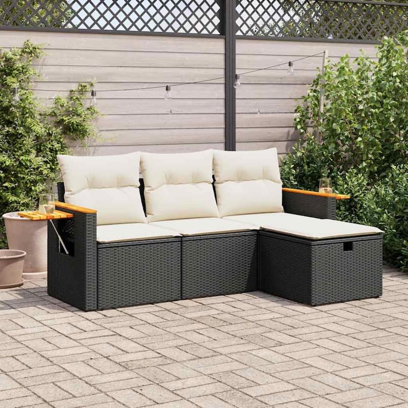 vidaXL Patio Sofa Set with Cushions Outdoor Furniture 4 Piece Poly Rattan - Black and cream with storage - 21.7 x 21.7 x 14.6 in