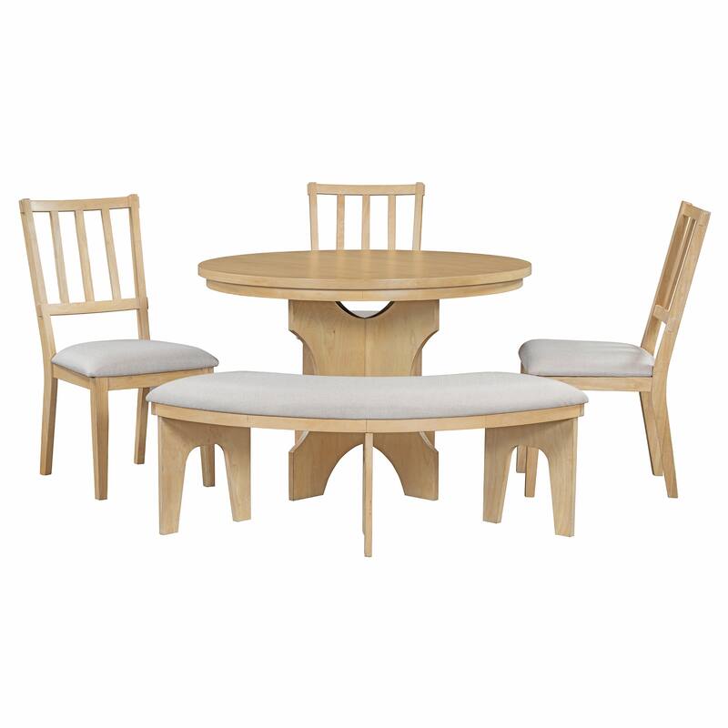 5-Piece Rustic Dining Set with Round Table, 3 Chairs & Bench