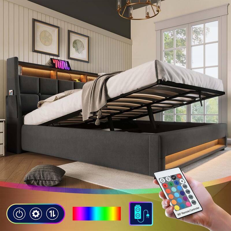 Vintage Design Platform Bed with Hydraulic Storage,LED, and USB Charging,(Mattress Not Included)