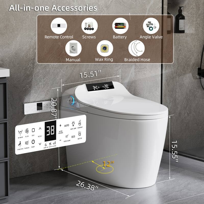 Smart Toilet Bidet Combo with Foot Sensor Open Cover/Seat, Self-Cleaning Nozzle,Knob Control, Soft Close, Auto Flush