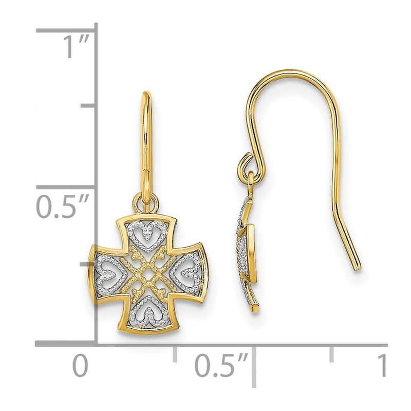 Curata 14k Gold 10mm Mini Maltese Religious Faith Cross Wire Earrings With White Love Hearts and D C - 19x10mm Wide