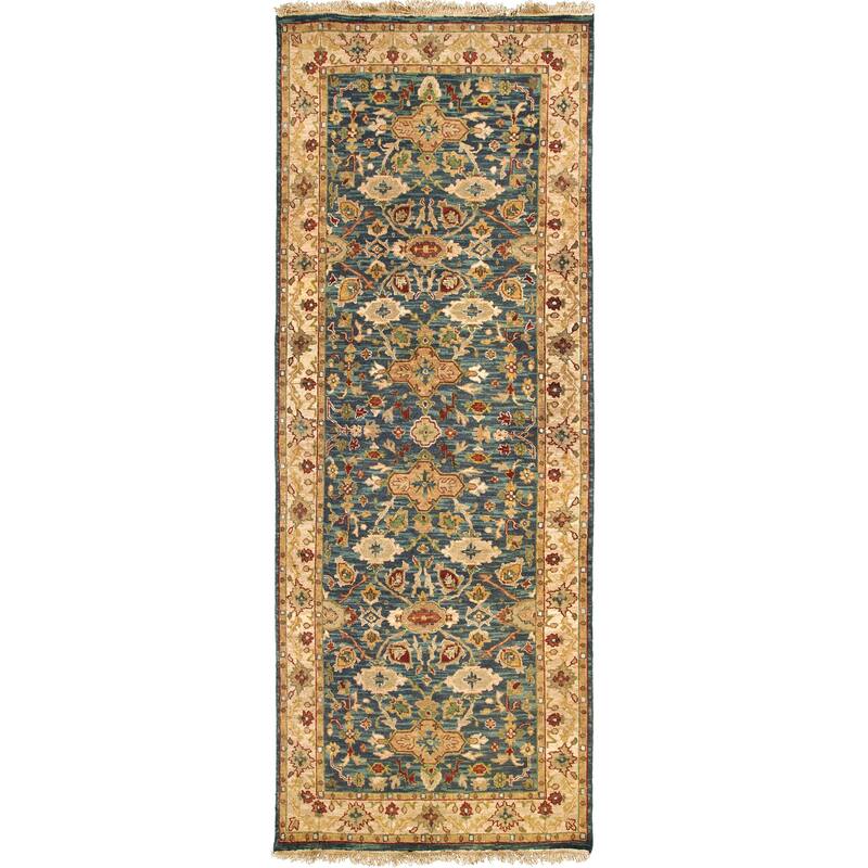 Hand-knotted Wool Area Rug - 4' x 10' Runner - 4' x 10' Runner - 4' x 10' Runner - Blue/Beige