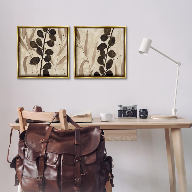 Stupell Natural Tone Sprouting Leaves Framed Floater Canvas Wall Art Design By Krinlox (Set of 2)