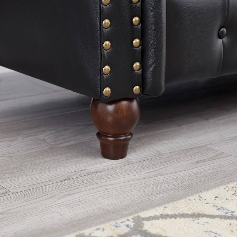 Faux Leather Upholstered Sofa with Storage, Chesterfield Tufted 3 Seater Sofa, Sofa Chair with Rolled Arms & Solid Wood Legs