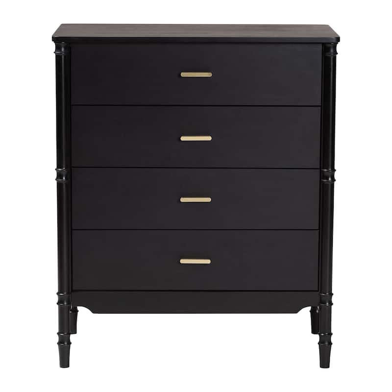 Marisela Black Wood Chest of Drawers with Gold Handles - 4-Drawer Dresser with Bamboo-Inspired Legs, Modern Transitional Accent