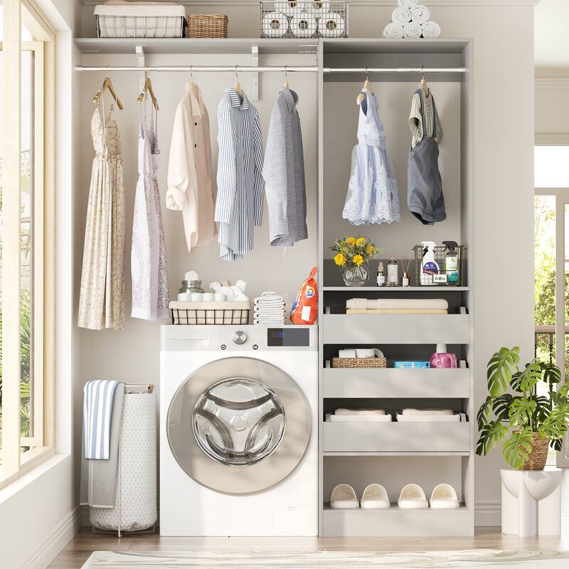 20"-60" Closet System with 3 Wooden Drawers and Sturdy Shelves and Retractable Rods - Grey