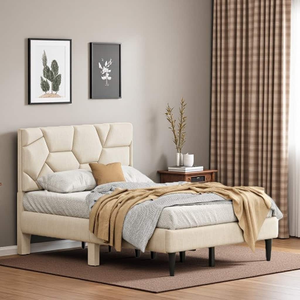 Full Size Bed Frame with Linen Storage Headboard, Sturdy & Stable, No Box Spring Needed, Noise-Free, Beige
