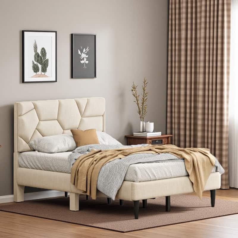 Full Size Bed Frame with Linen Storage Headboard, Sturdy & Stable, No Box Spring Needed, Noise-Free, Beige - Full Beige - Full