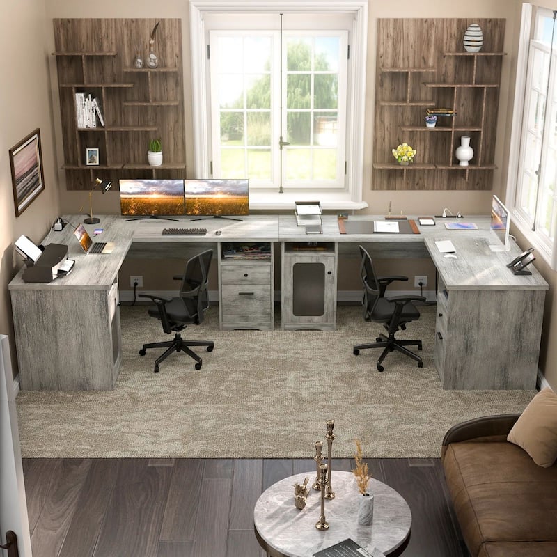Modern Farmhouse L-Shape Desk with File Cabinet and Drawers, Homer Office Executive Desk with Charge Station