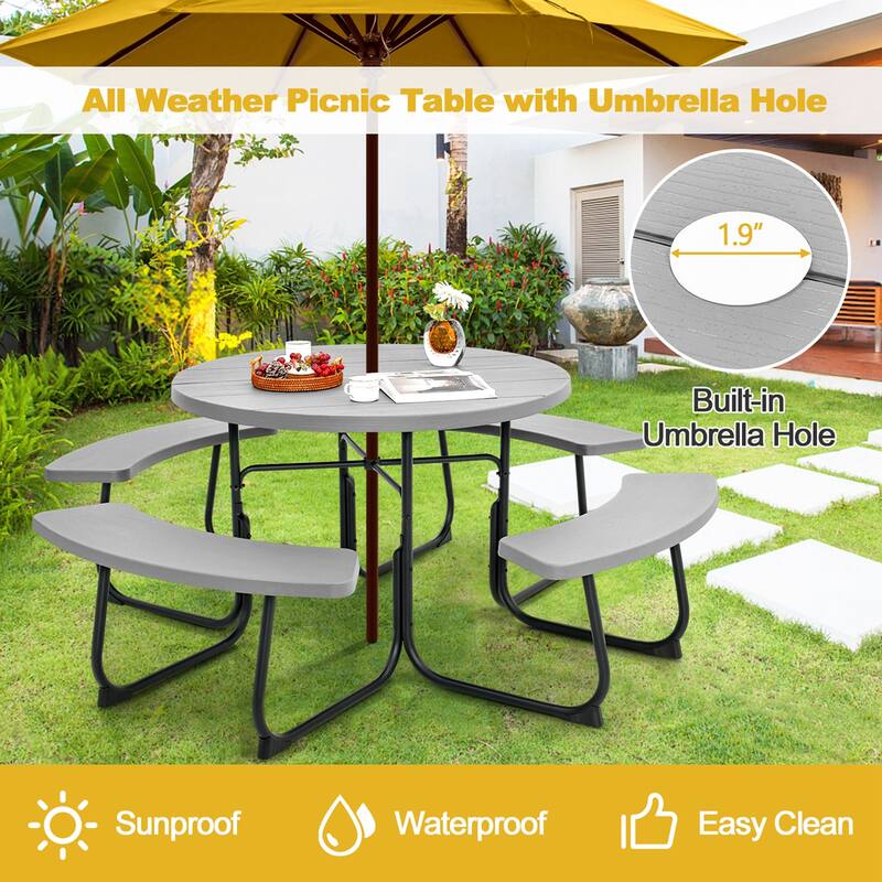 Outdoor Round Picnic Table Bench Set with 4 Benches & Umbrella Hole