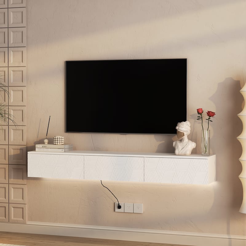 Modern Floating Wall-Mounted TV Cabinet, for 55, 60, and 65 Inch TVs, with 16-Color LED Lighting, for Living Rooms, White