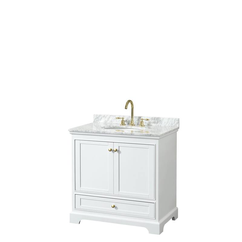 Deborah 36-inch Single Vanity, Oval Sink, No Mirror - White, Gold Trim, White Carrara Marble Top