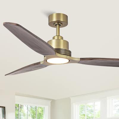 Parrot Uncle 56" Farmhouse Solid Wood Diammable LED Gold Ceiling Fan with Remote and Light