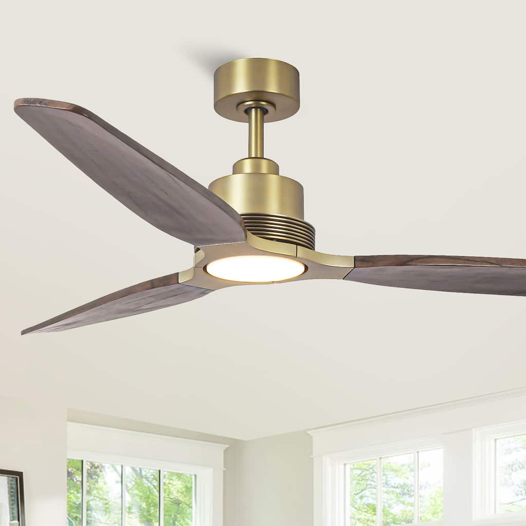 Parrot Uncle 56" Farmhouse Solid Wood Diammable LED Gold Ceiling Fan with Remote and Light