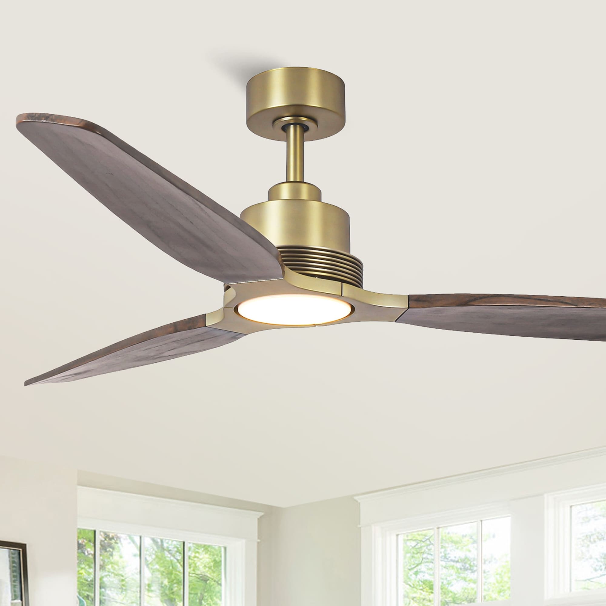 Parrot Uncle 56" Transitional Brass Solid Wood Diammable Ceiling Fan with Light and Remote